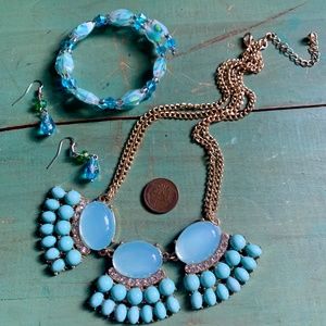Fabulous Aqua/Crystal Necklace - Handmade Earrings & Vintage Bead Wrap Bracelet